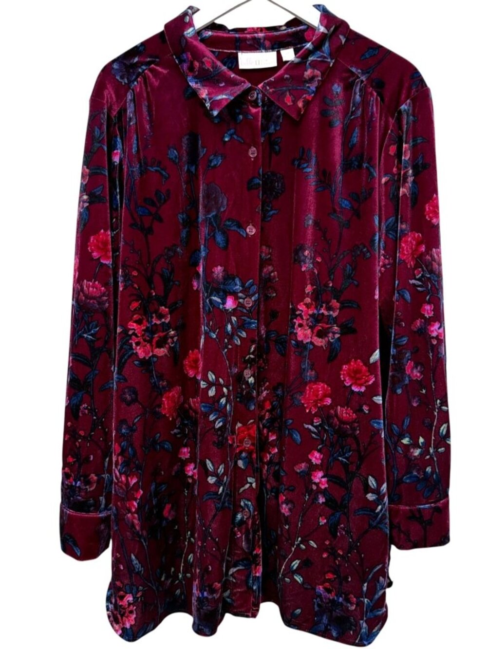 BELLE Kim Gravel Velvet Top Plus Size 2X Burgundy Floral Holiday Shirt Pockets